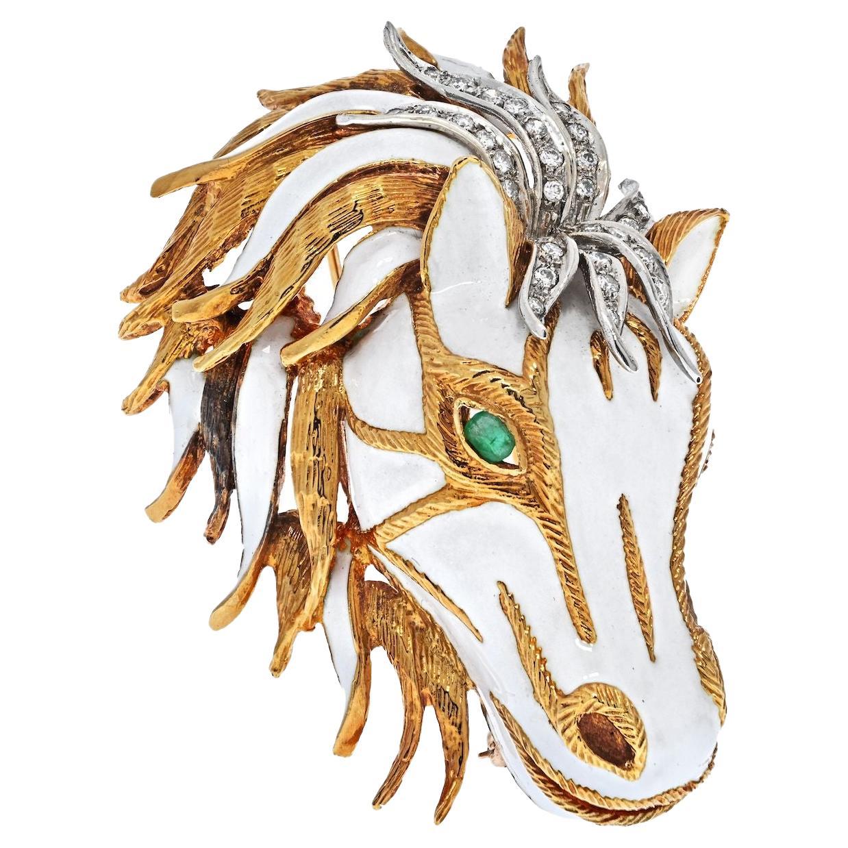 David Webb Platinum & 18K Yellow Gold White Enamel Diamond Horse Face Brooch For Sale