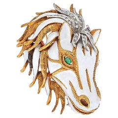 David Webb Platinum & 18K Yellow Gold White Enamel Diamond Horse Face Brooch