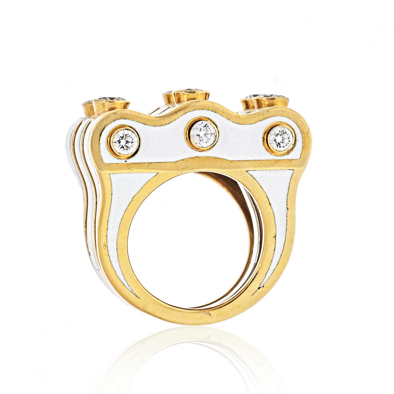 Modern David Webb Platinum & 18K Yellow Gold White Enamel Diamond Ring For Sale