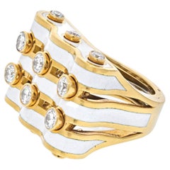David Webb Platinum & 18K Yellow Gold White Enamel Diamond Ring