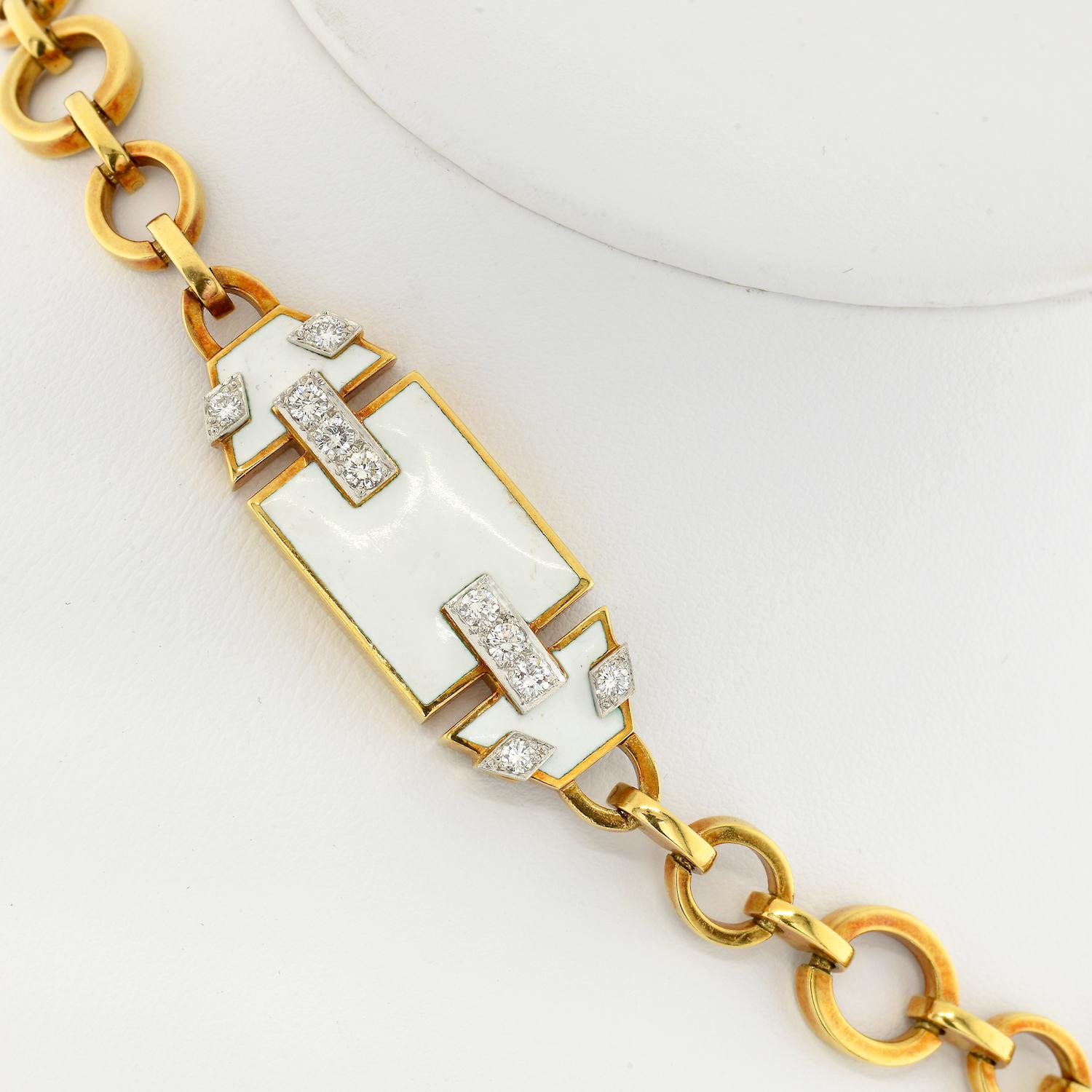 Modern David Webb Platinum & 18K Yellow Gold White Enamel Geometric Chain Necklace For Sale