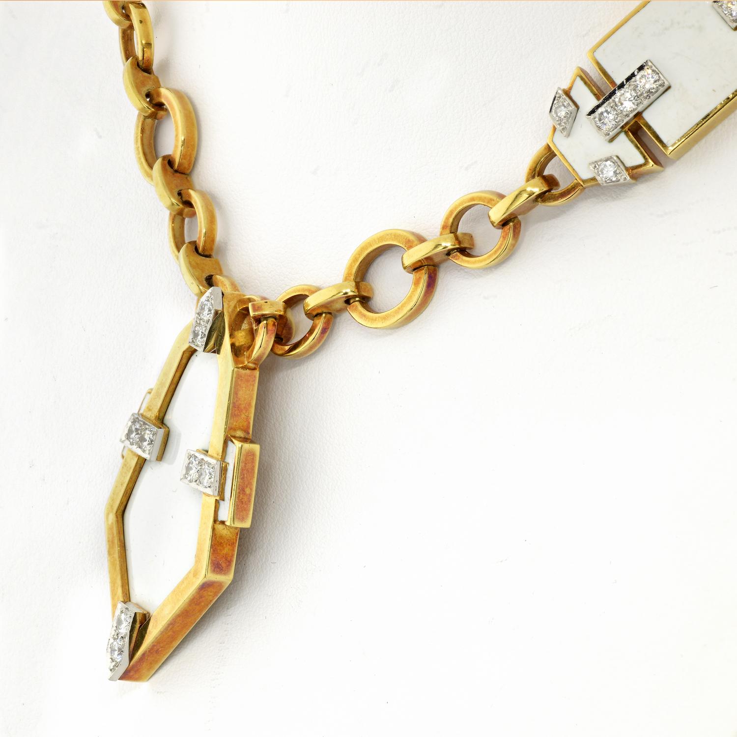 David Webb Platinum & 18K Yellow Gold White Enamel Geometric Chain Necklace In Excellent Condition For Sale In New York, NY