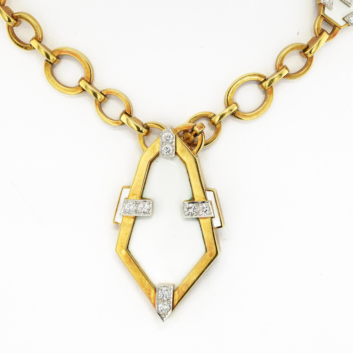 Women's David Webb Platinum & 18K Yellow Gold White Enamel Geometric Chain Necklace For Sale