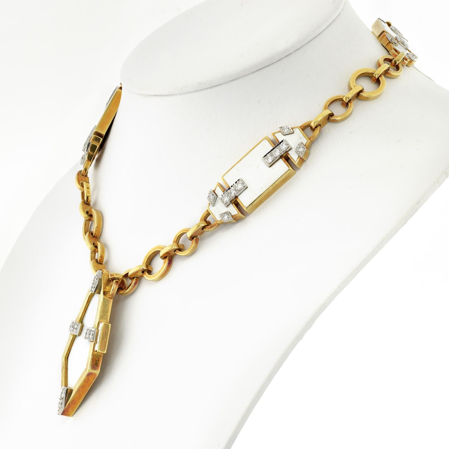 David Webb Platinum & 18K Yellow Gold White Enamel Geometric Chain Necklace For Sale 1