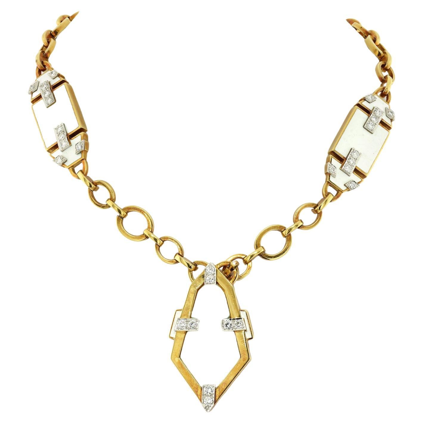David Webb Platinum & 18K Yellow Gold White Enamel Geometric Chain Necklace For Sale