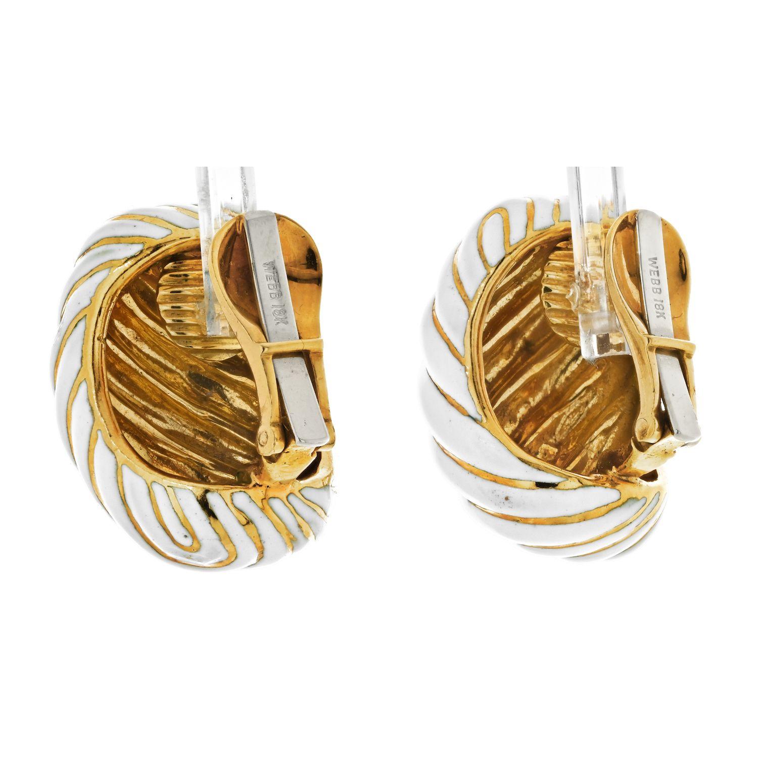 Women's David Webb Platinum & 18K Yellow Gold White Enamel Gold Earrings For Sale