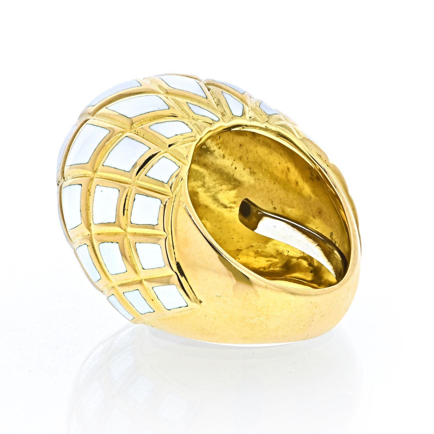 David Webb Platinum & 18K Yellow Gold White Enamel High Dome Ring In Excellent Condition For Sale In New York, NY