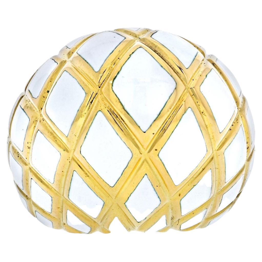 David Webb Platinum & 18K Yellow Gold White Enamel High Dome Ring