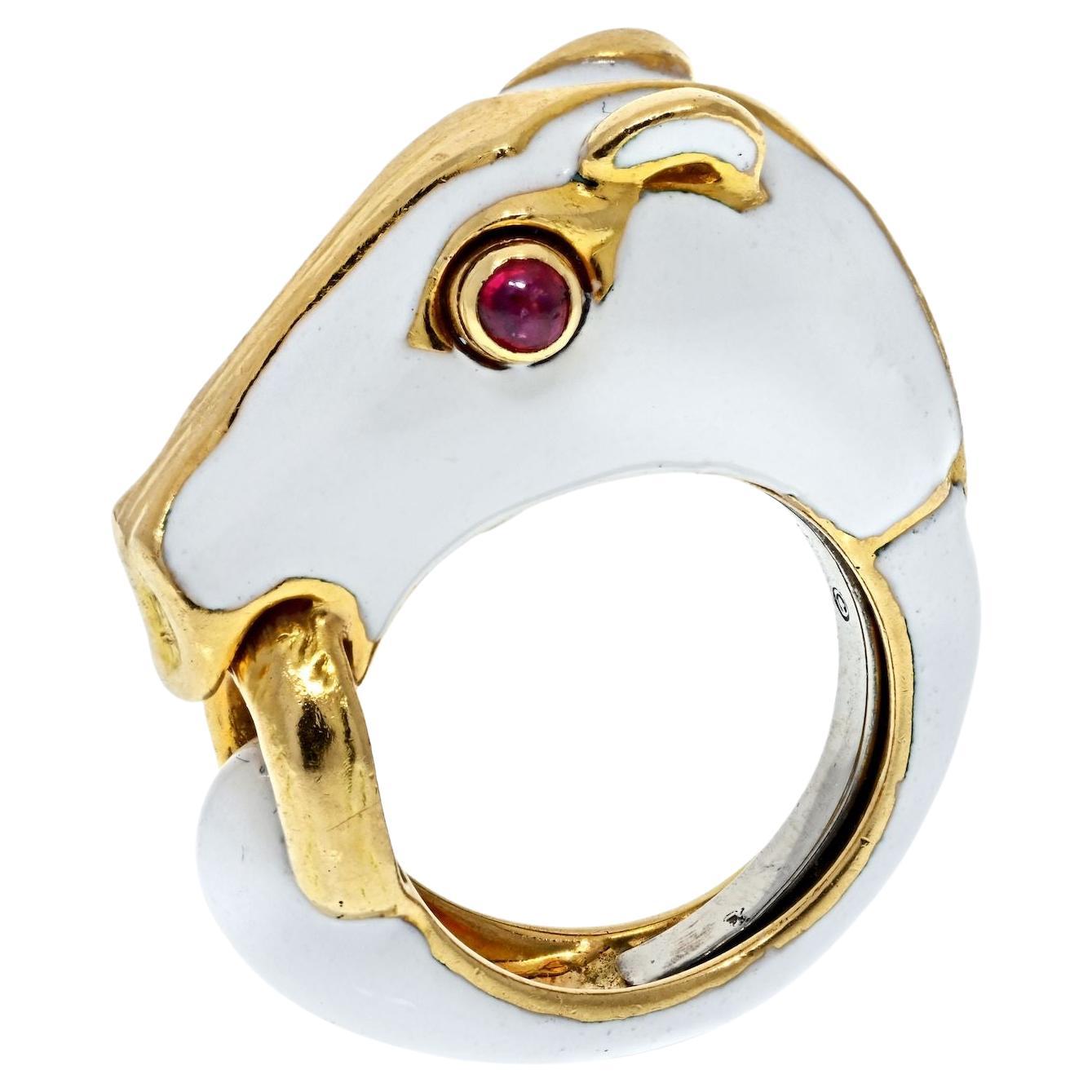 David Webb Platinum & 18K Yellow Gold White Enamel Horse with Ruby Eyes Ring For Sale