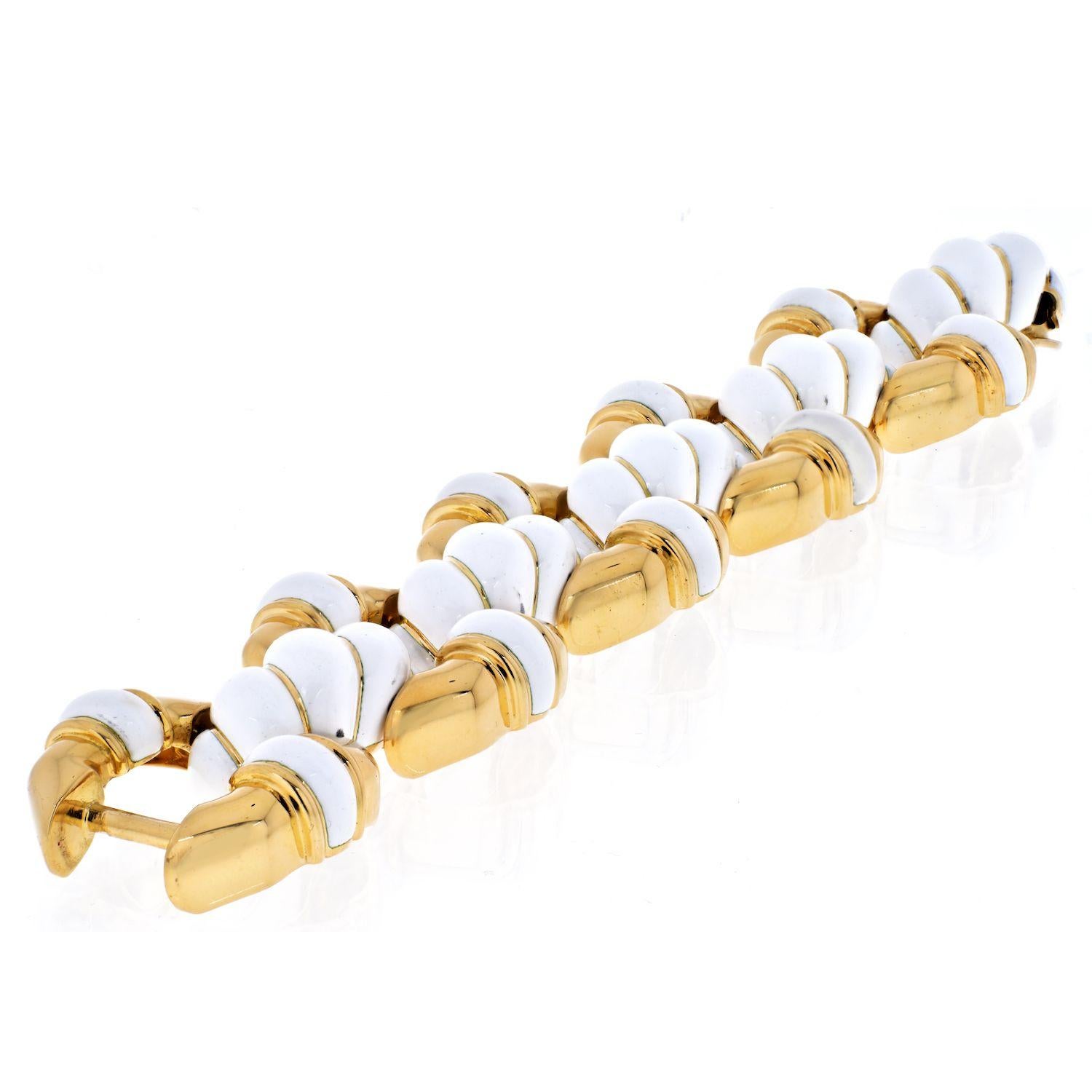 David Webb Platinum & 18k Yellow Gold White Enamel Link Bracelet In Good Condition In New York, NY