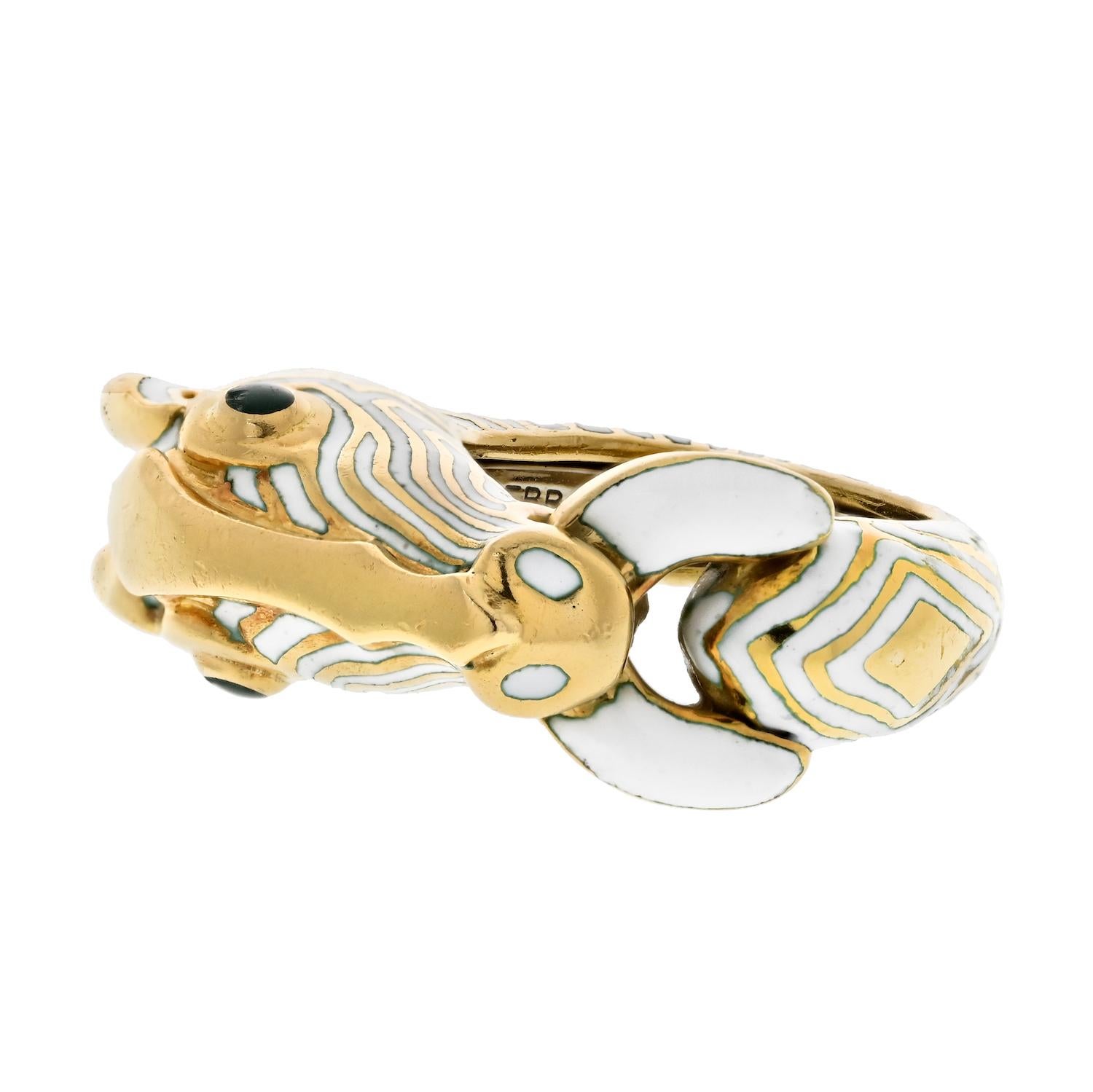 Modern David Webb Platinum & 18K Yellow Gold White Enamel Zebra Animal Ring For Sale