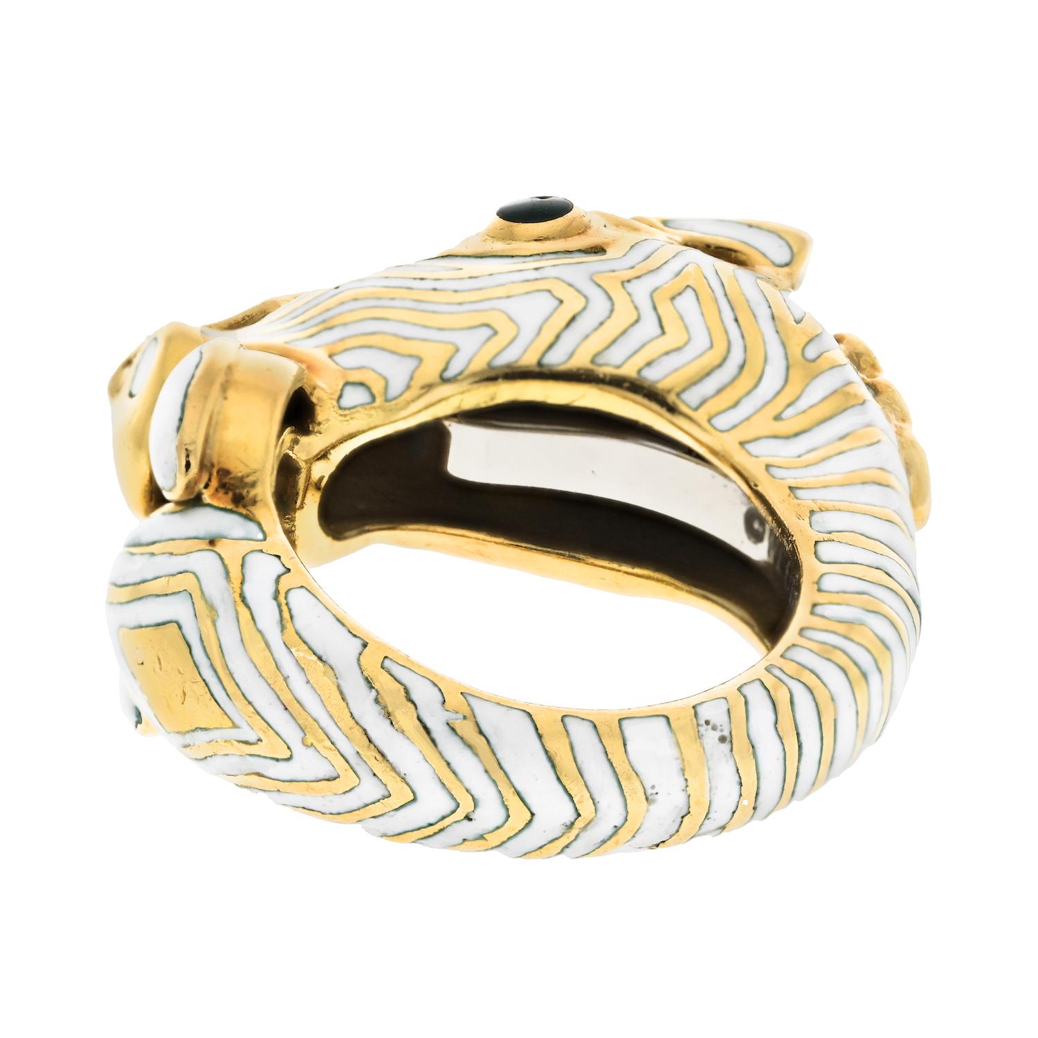 Women's David Webb Platinum & 18K Yellow Gold White Enamel Zebra Animal Ring For Sale