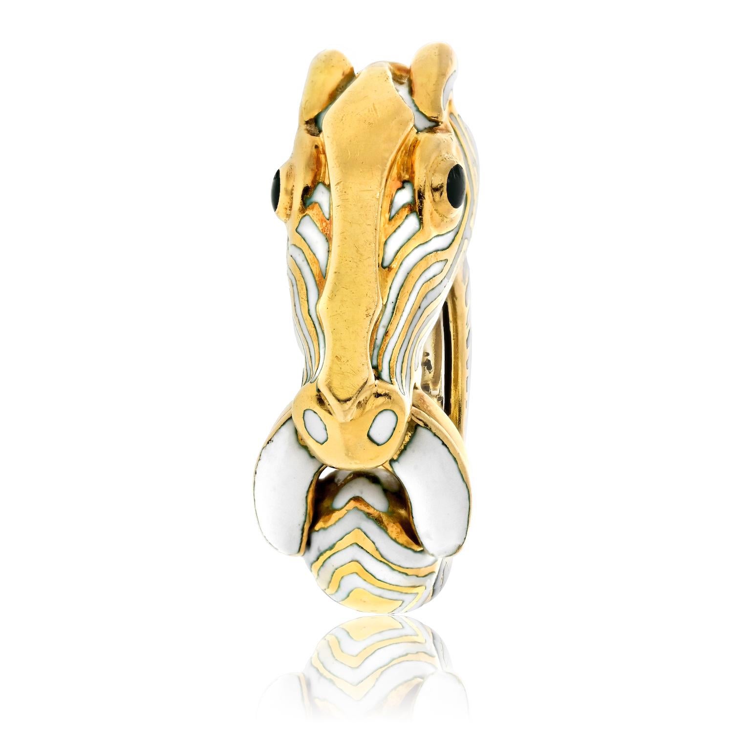 David Webb Platinum & 18K Yellow Gold White Enamel Zebra Animal Ring For Sale 2