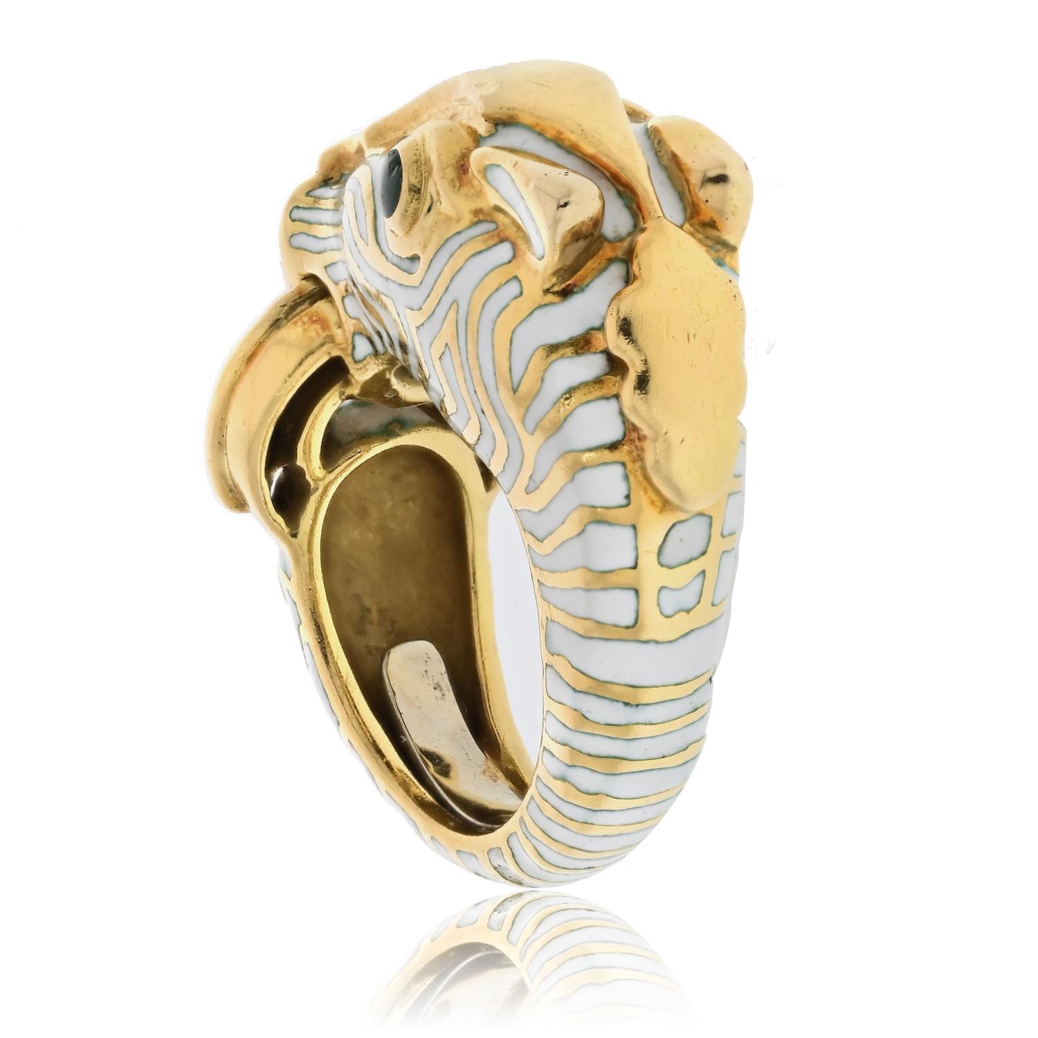 David Webb Platinum & 18K Yellow Gold White Enamel Zebra Animal Ring For Sale 3