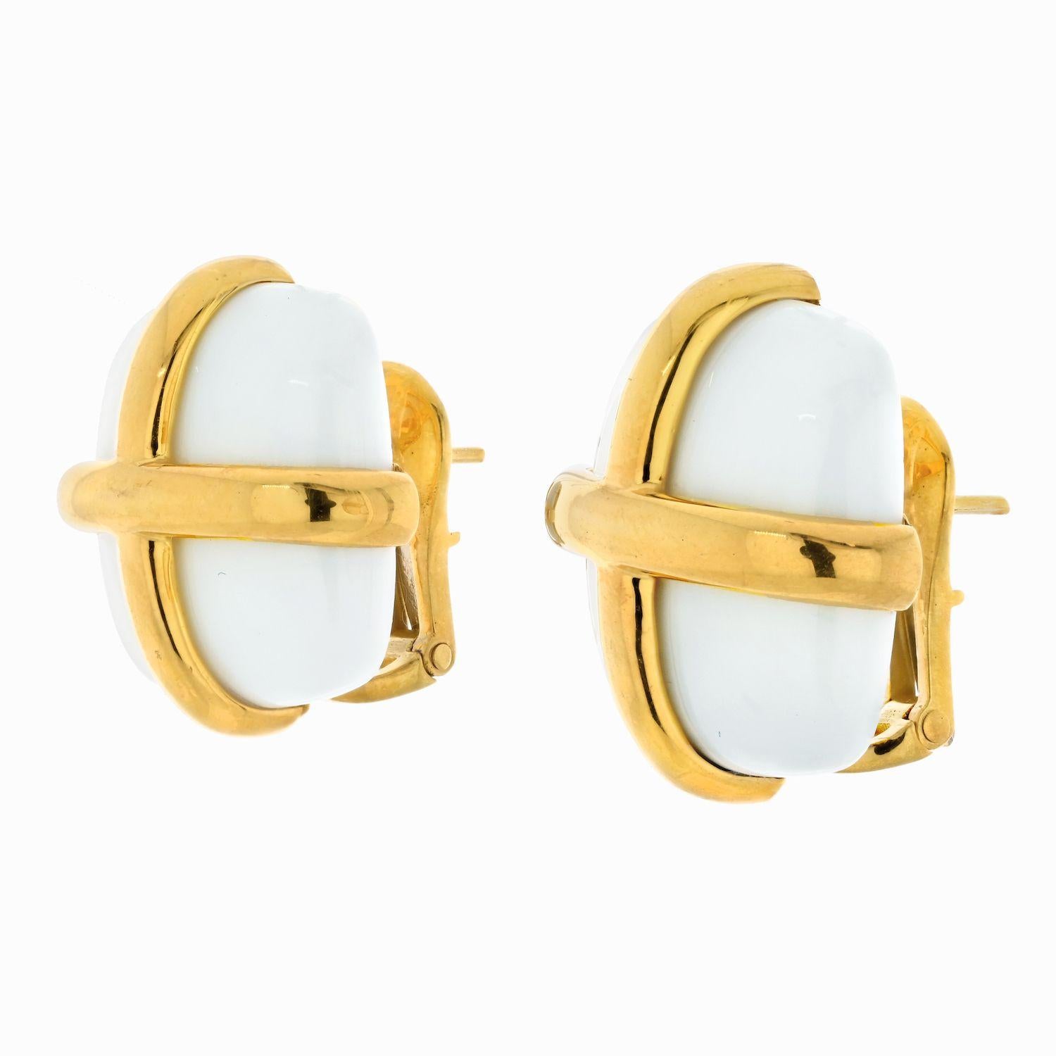 Modern David Webb Platinum & 18K Yellow Gold White Jasper Earrings For Sale