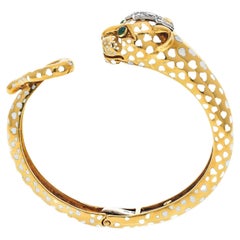 David Webb Platinum & 18K Yellow Gold White Spotted Panthere Cuff Bangle Bracele