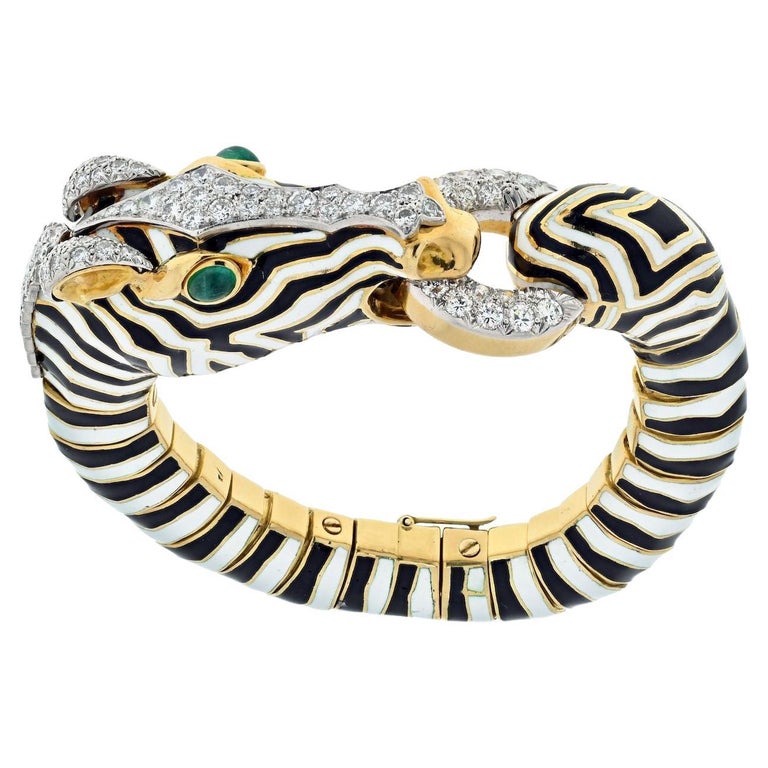David Webb Platinum, 18-Karat Yellow Gold, Black- and White-Enamel and Diamond Zebra Bracelet, 1963