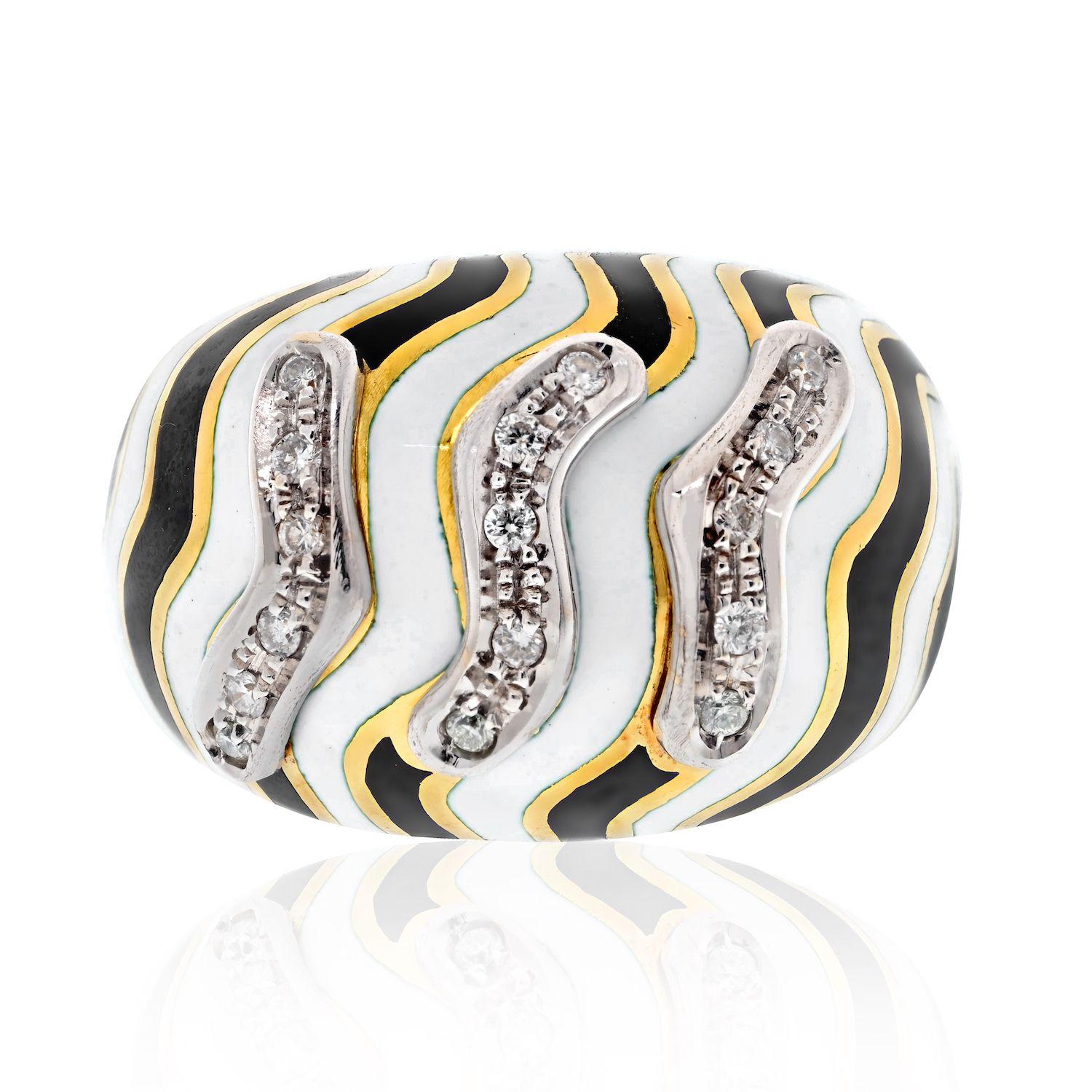 Modern David Webb Platinum & 18K Yellow Gold Zebra Diamond Bombe Ring