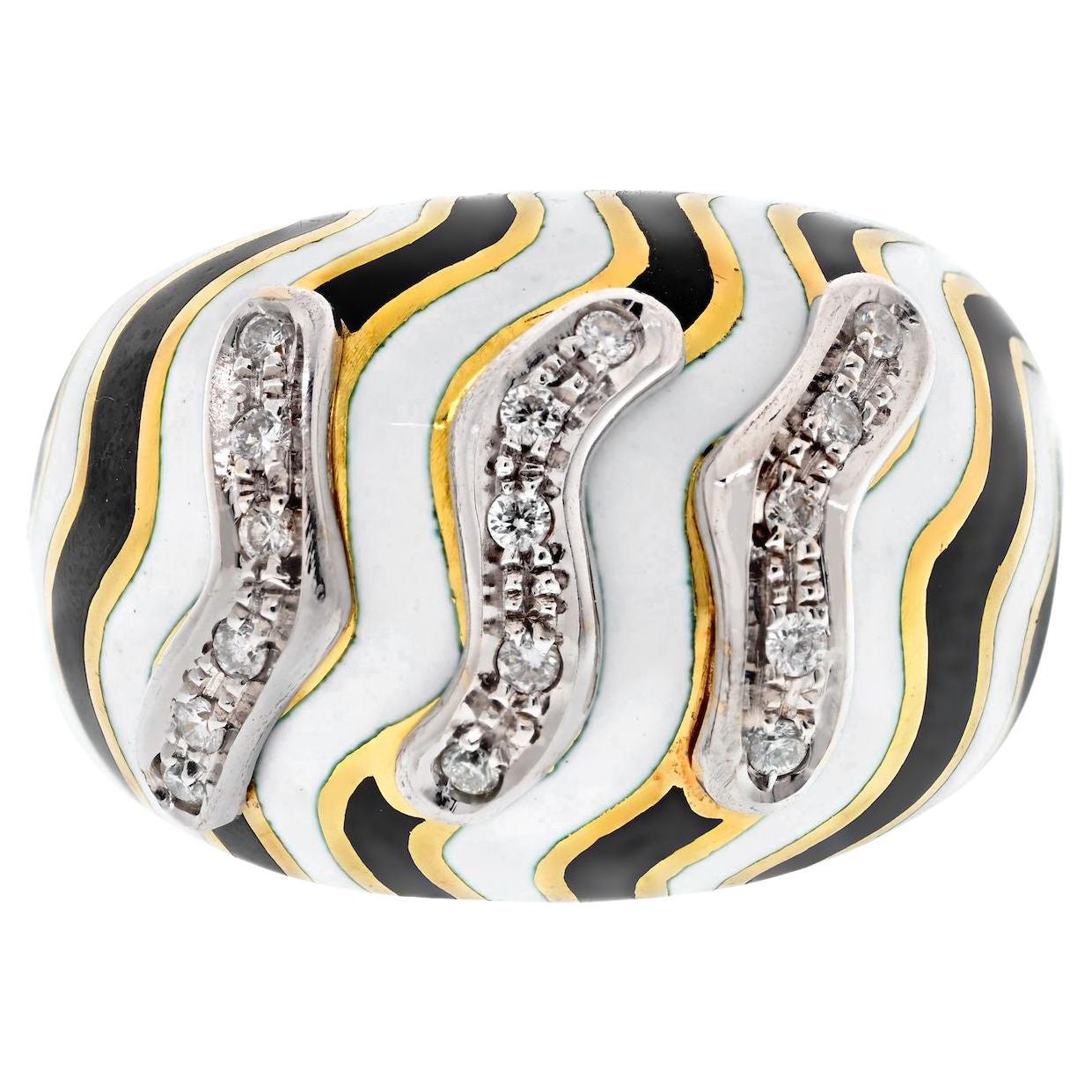 David Webb Platinum & 18K Yellow Gold Zebra Diamond Bombe Ring