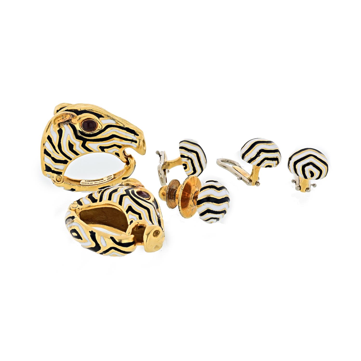 Gold, Black, White and Red Enamel Zebra Dress Set, David Webb 18 kt., including a pair of cufflinks fashioned as zebra heads applied with alternating stripes of white and black enamel, topped with textured gold mane and ears, with red enamel eyes,