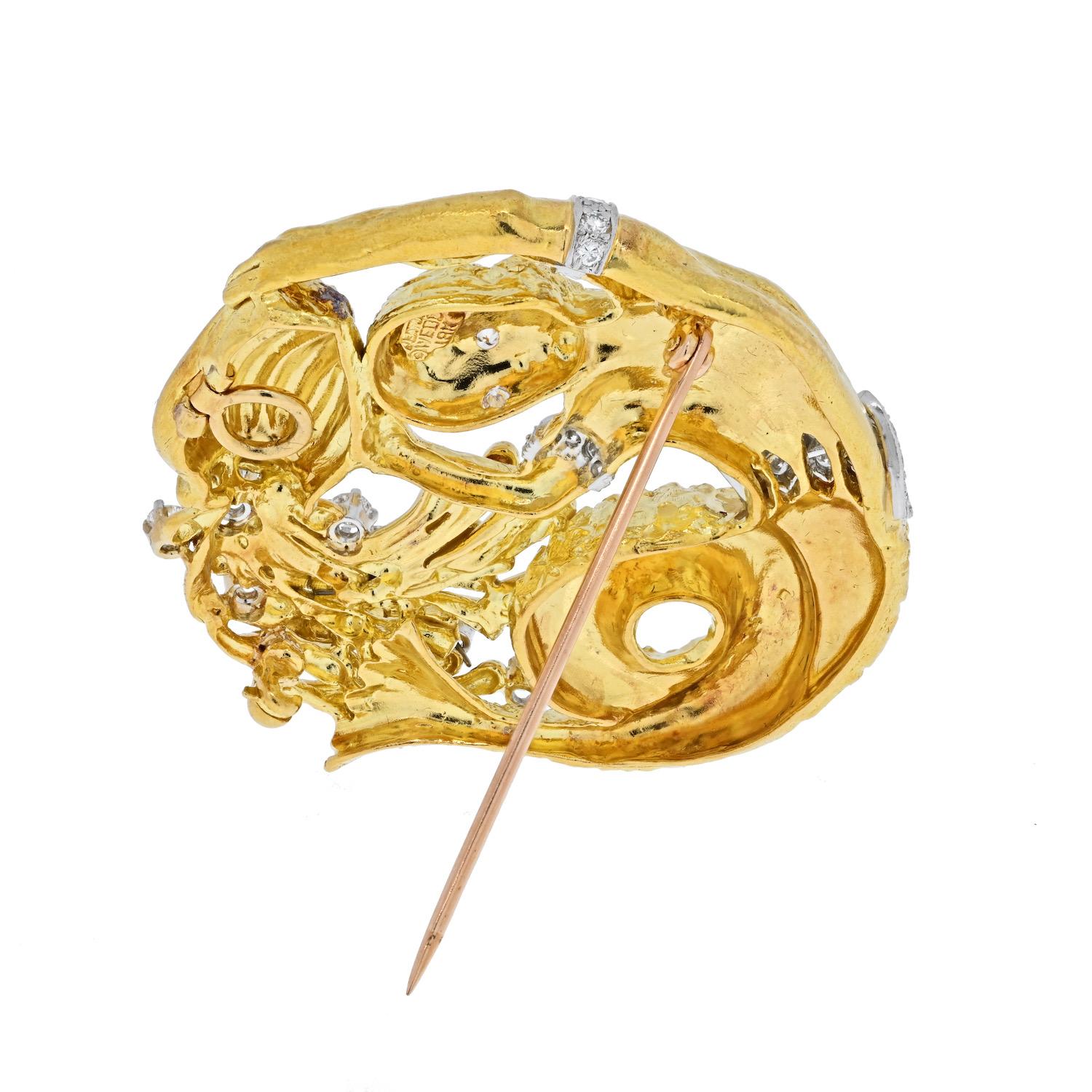 David Webb Platinum & 18K Yellow Gold Zodiac Aquarius Brooch In Excellent Condition For Sale In New York, NY