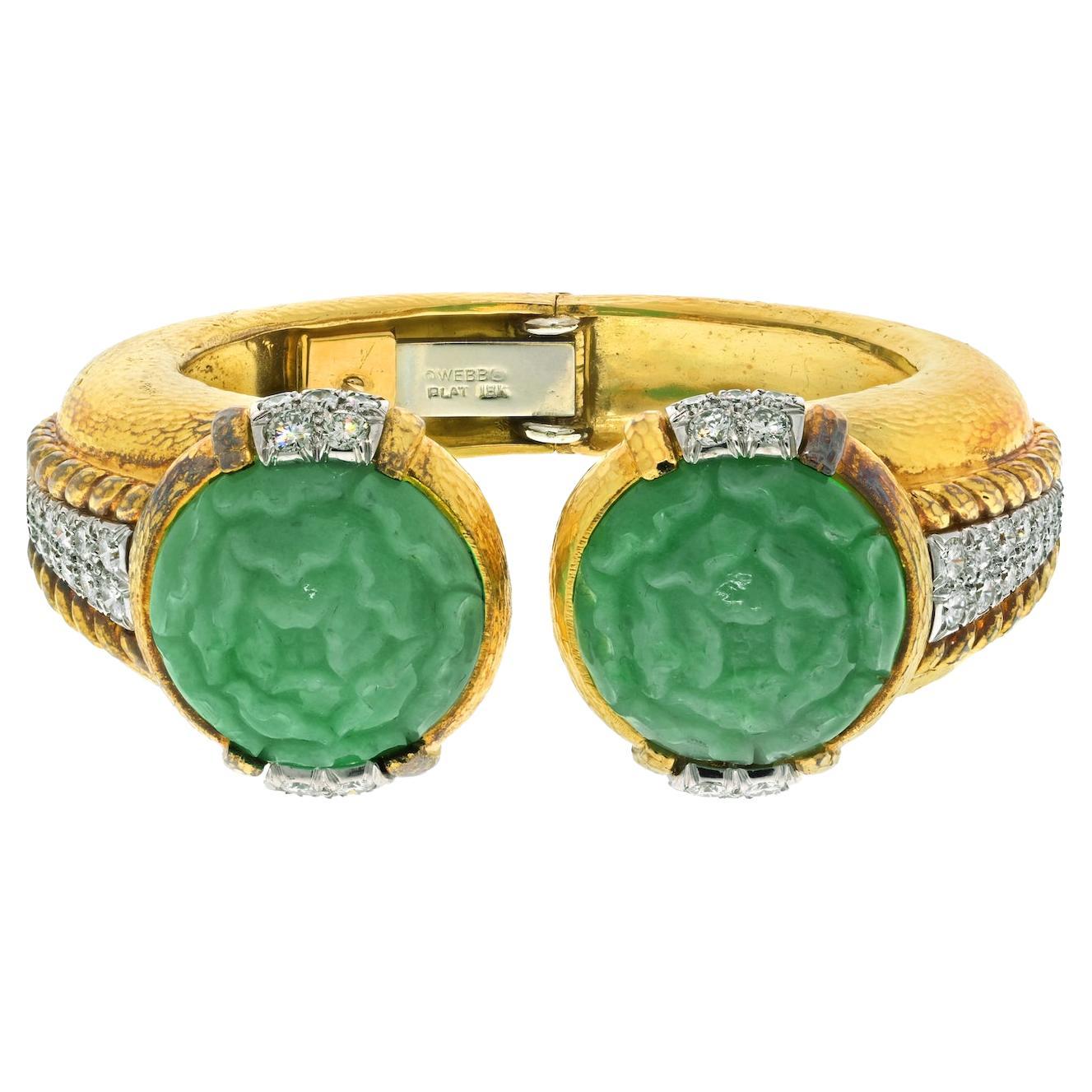 David Webb Platinum & 18ky Carved Jade Hammered Gold Diamond Cuff Bracelet For Sale