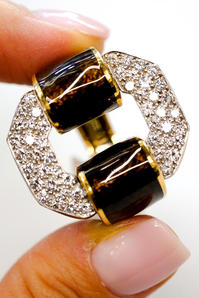 Women's David Webb Platinum & 18KYellow Gold Signature Tire in Brown Enamel Diamond Ring For Sale