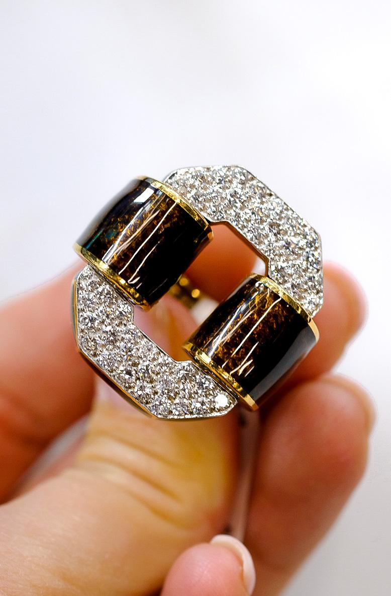 David Webb Platinum & 18KY Gold Signature Tire in Brown Enamel Diamond Ring (bague en platine et or jaune 18KY) en vente 1
