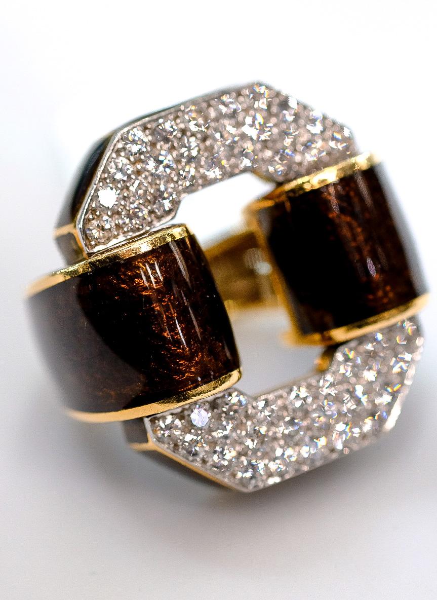 David Webb Platinum & 18KYellow Gold Signature Tire in Brown Enamel Diamond Ring For Sale 2