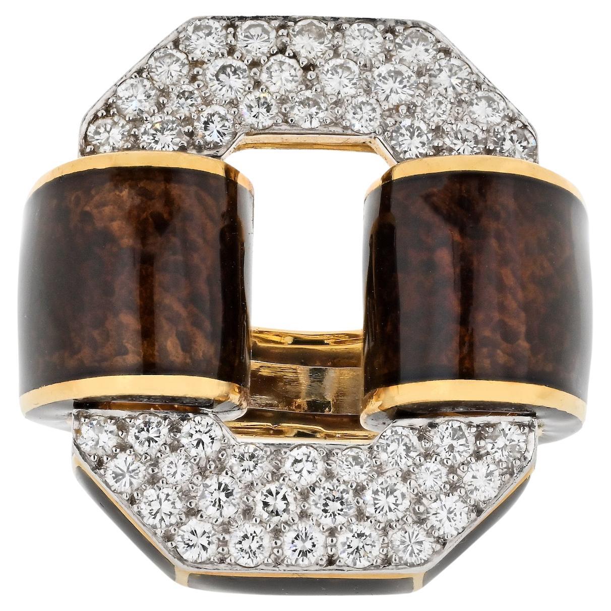 David Webb Platinum & 18KYellow Gold Signature Tire in Brown Enamel Diamond Ring For Sale