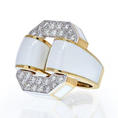 David Webb Platinum & 18KYellow Gold Signature Tire in White Enamel Diamond Ring