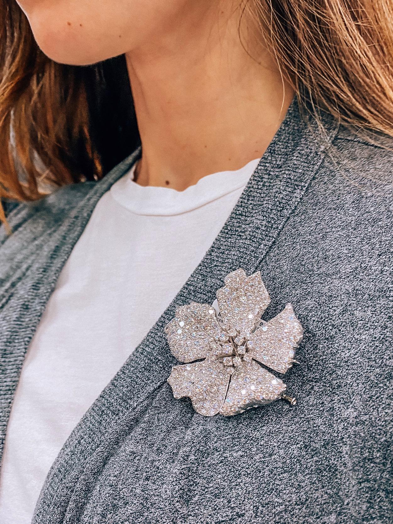 Women's or Men's David Webb Platinum 19 Carat Round Diamond Flower Brooch For Sale