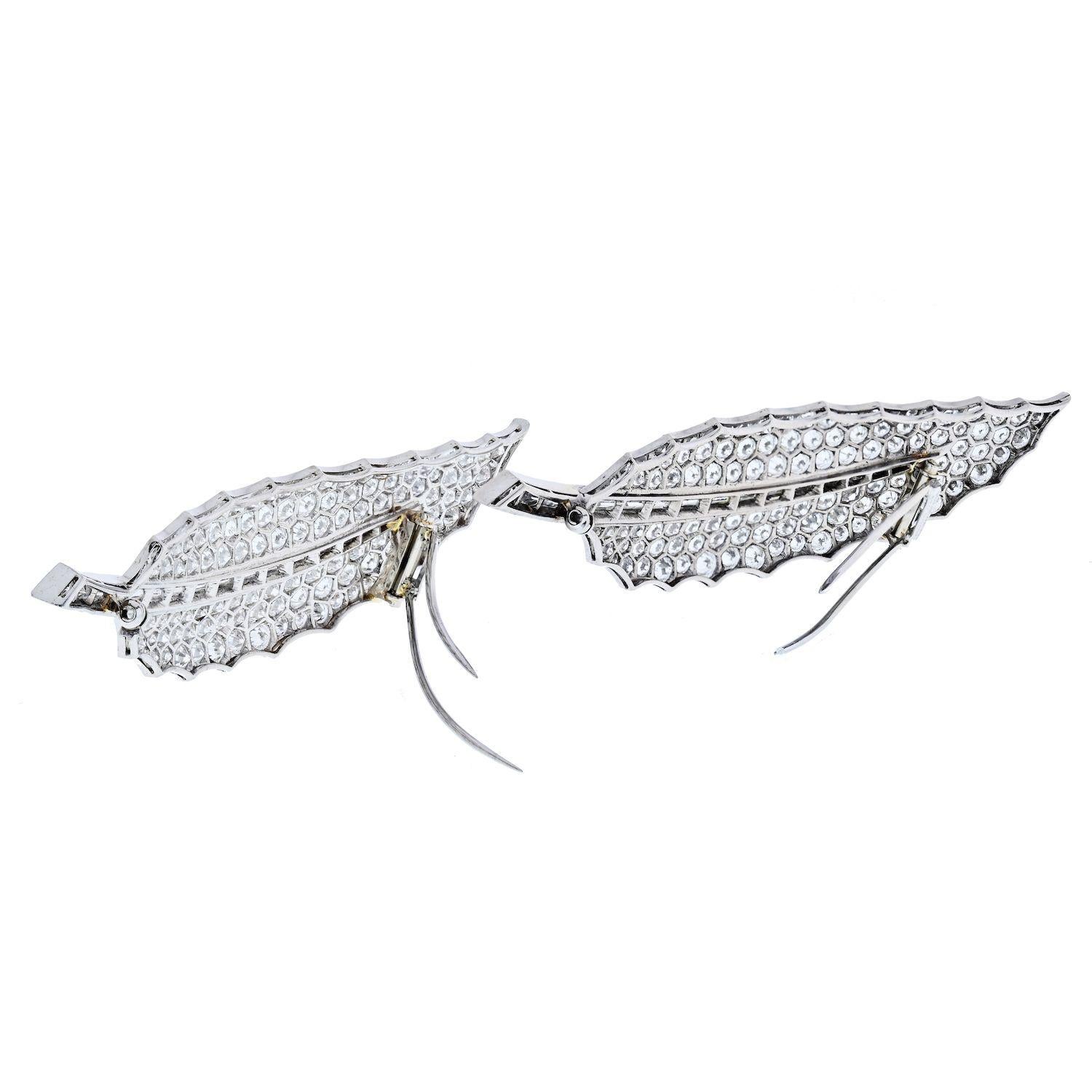 Modern David Webb Platinum 40 Carat Diamond Feather Set of Two Brooches For Sale