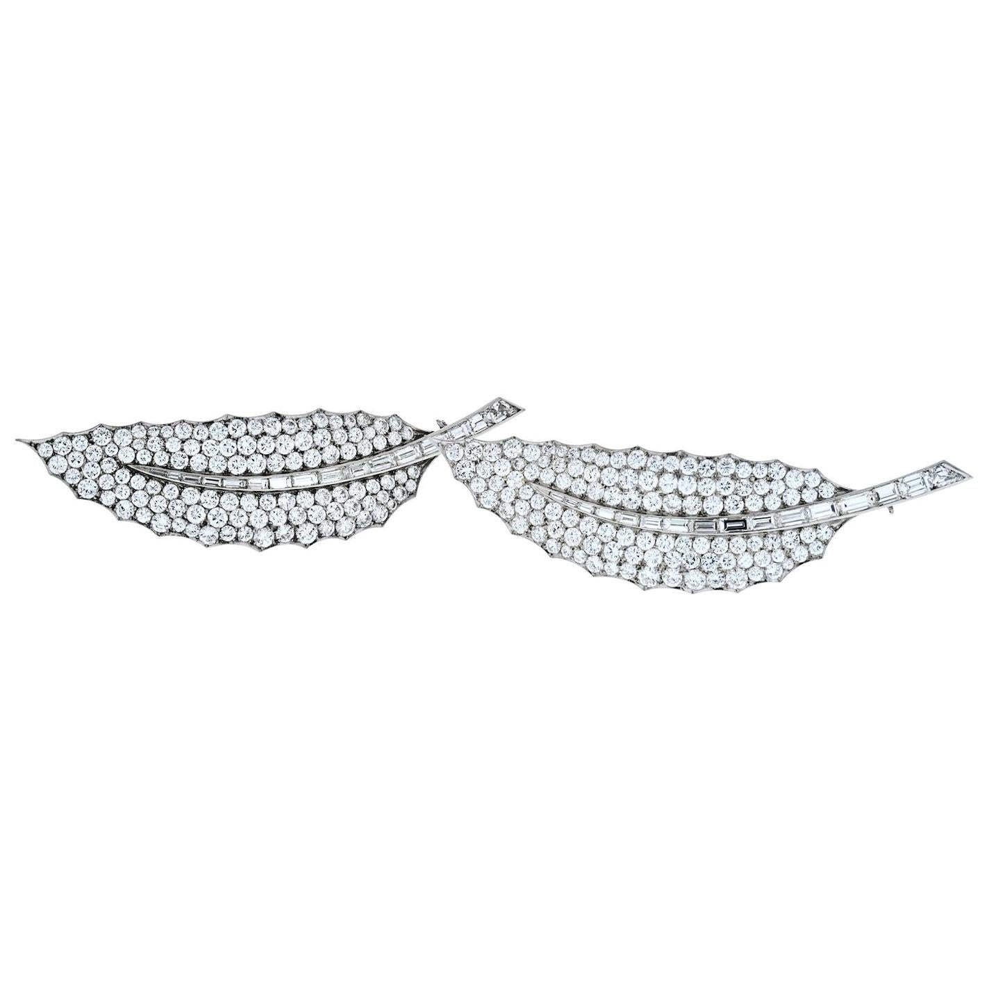 David Webb Platinum 40 Carat Diamond Feather Set of Two Brooches