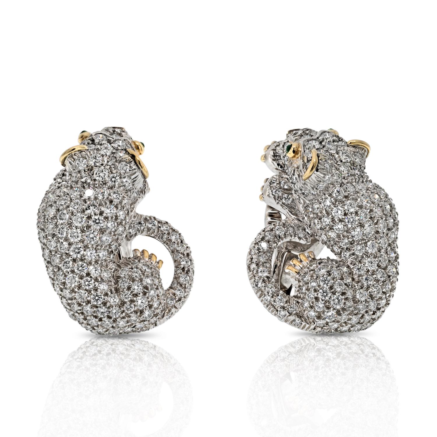 Unleash your inner panther with the David Webb Platinum 6.50cttw Diamond Panther Animal Earrings, an extraordinary expression of feline grace and luxury. 

Crafted in platinum, these earrings feature a mesmerizing duo of panthers, each meticulously
