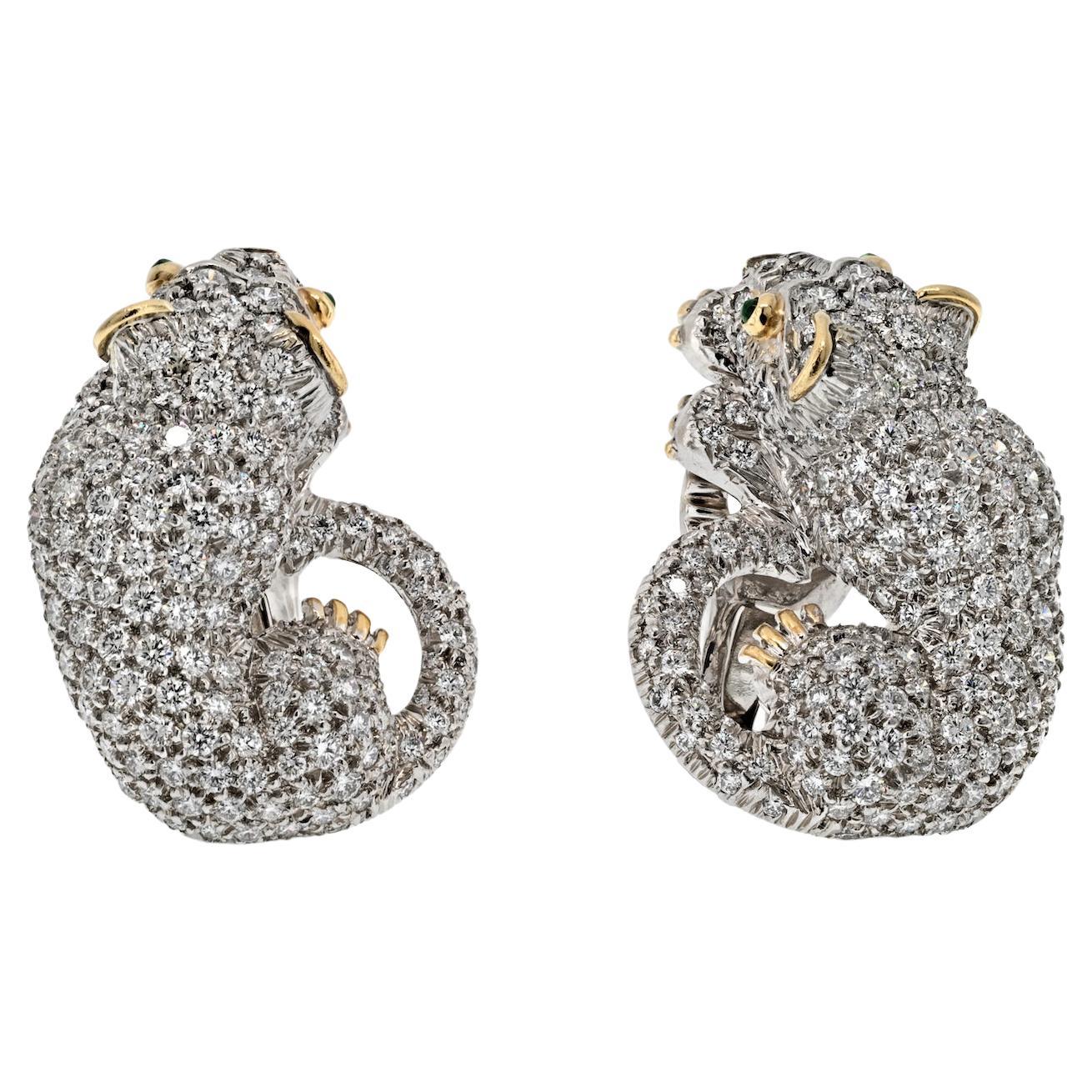 David Webb Platinum 6.50cttw Diamond Panther Animal Earrings For Sale