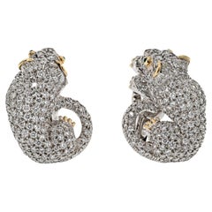 David Webb Platinum 6.50cttw Diamond Panther Animal Earrings