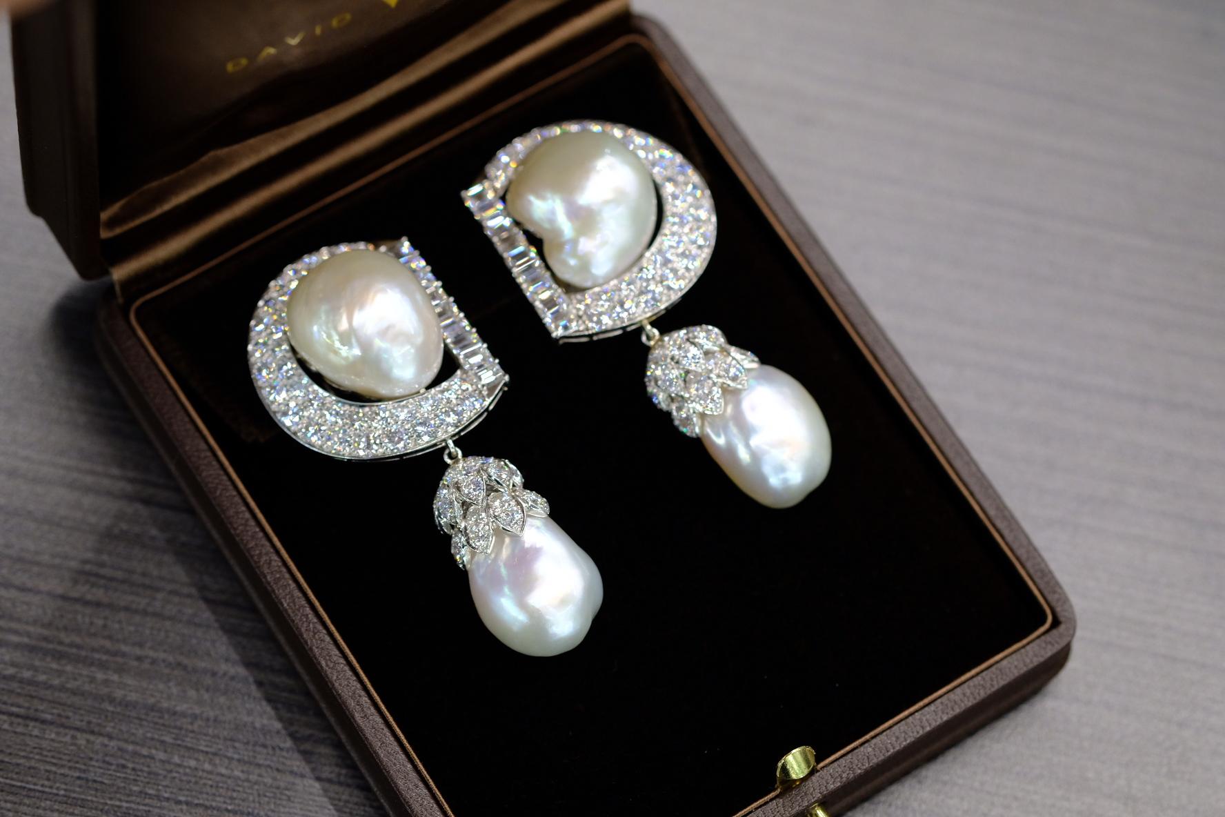 Round Cut David Webb Platinum 9.92 Cttw Diamond and Pearl Day to Night Earrings For Sale
