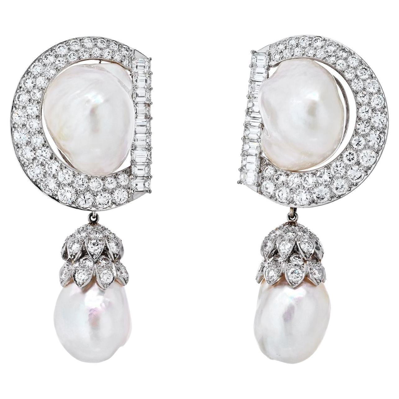 David Webb Platinum 9.92 Cttw Diamond and Pearl Day to Night Earrings For Sale