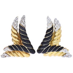 David Webb Platinum and 18 Karat Gold Original Black Enamel and Diamond Earrings