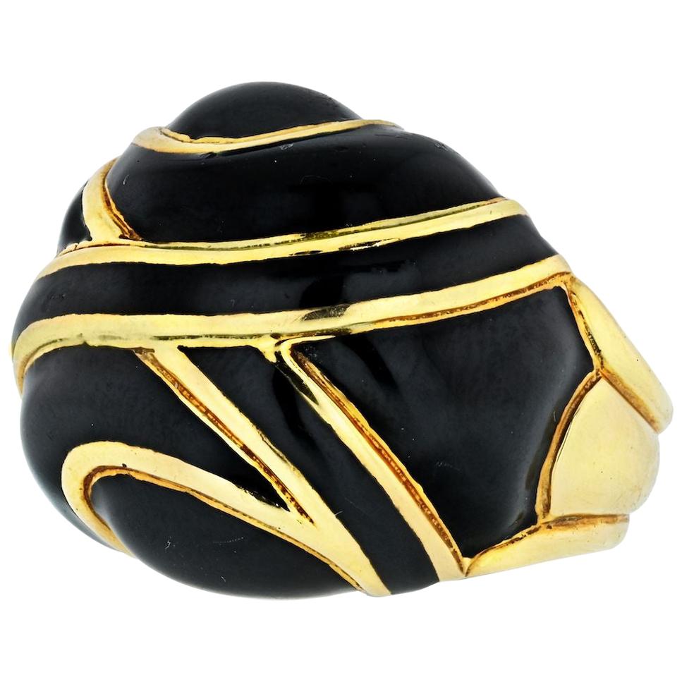 David Webb Platinum and 18 Karat Yellow Gold Bombe Black Enamel Ring For Sale