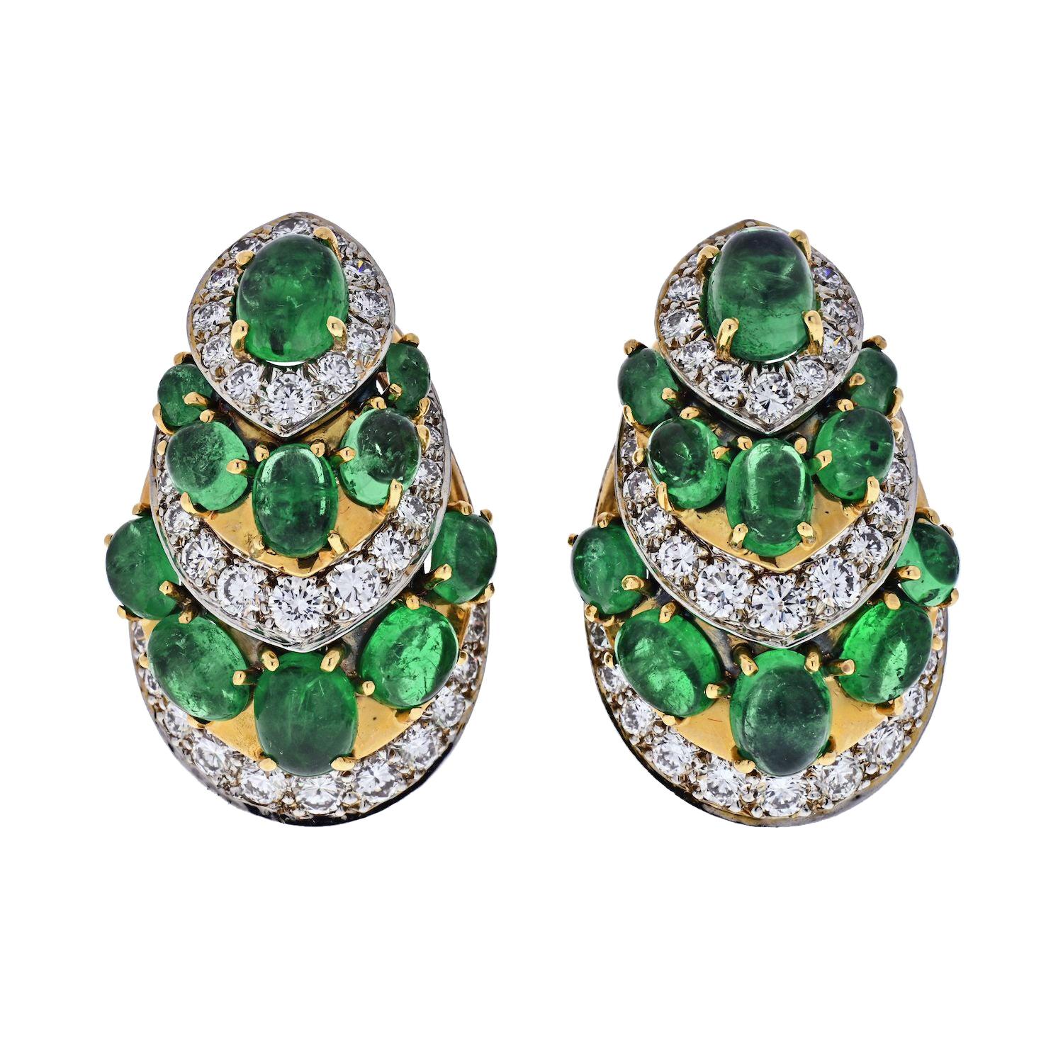 David Webb Platinum and 18 Karat Yellow Gold Diamond and Green Emerald Earrings For Sale
