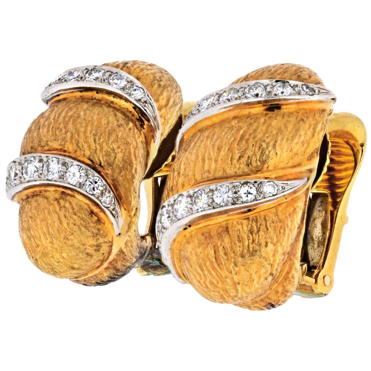 David Webb Platinum and 18 Karat Yellow Gold Diamond Bombe Clip Earrings
