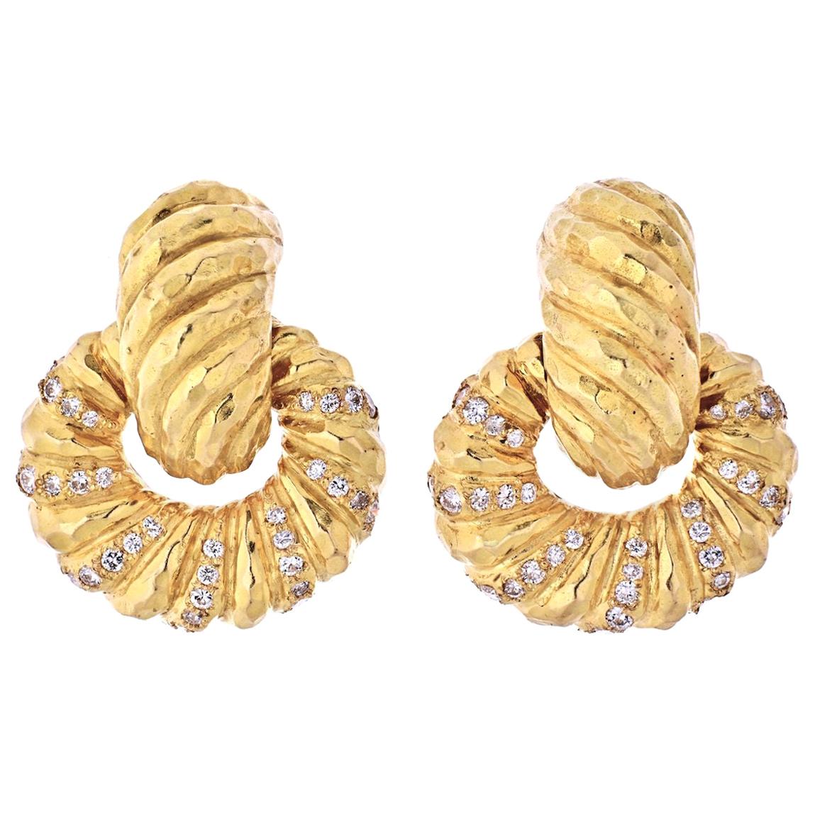 David Webb Platinum and 18 Karat Yellow Gold Diamond Door Knockers Earrings