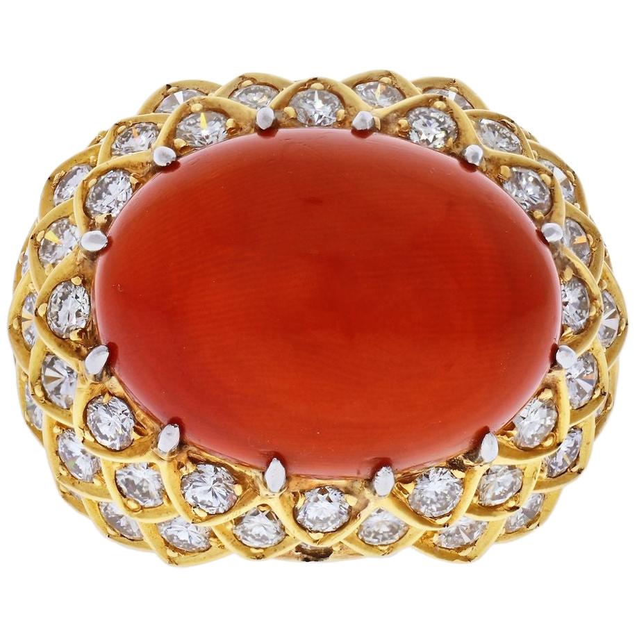 David Webb Platinum and 18 Karat Yellow Gold Oval Coral and Diamond 1970s Ring