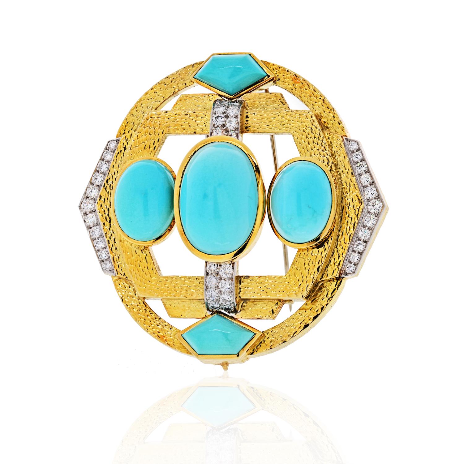 David Webb Platinum and 18 Karat Yellow Gold Turquoise Diamonds, Hammered Brooch In Excellent Condition In New York, NY