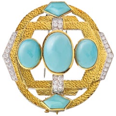 David Webb Platinum and 18 Karat Yellow Gold Turquoise Diamonds, Hammered Brooch
