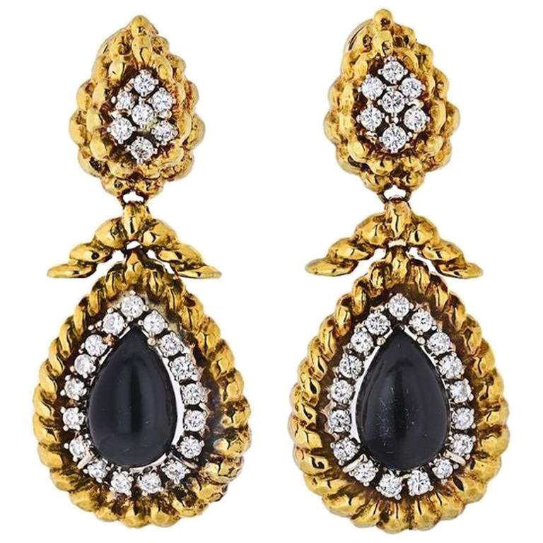 David Webb Platinum and 18K Gold Onyx and Diamond Teardrop Dangle Drop Earrings For Sale