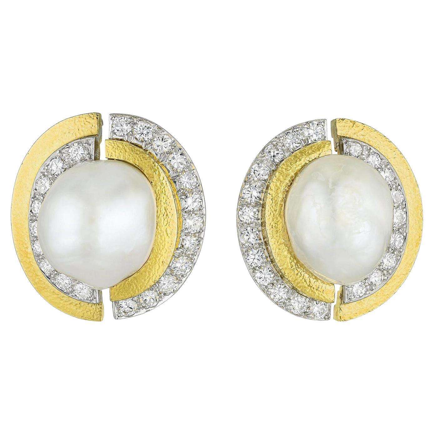 David Webb Platinum and 18K Hammered Gold South Sea Pearl Diamond and Earrings