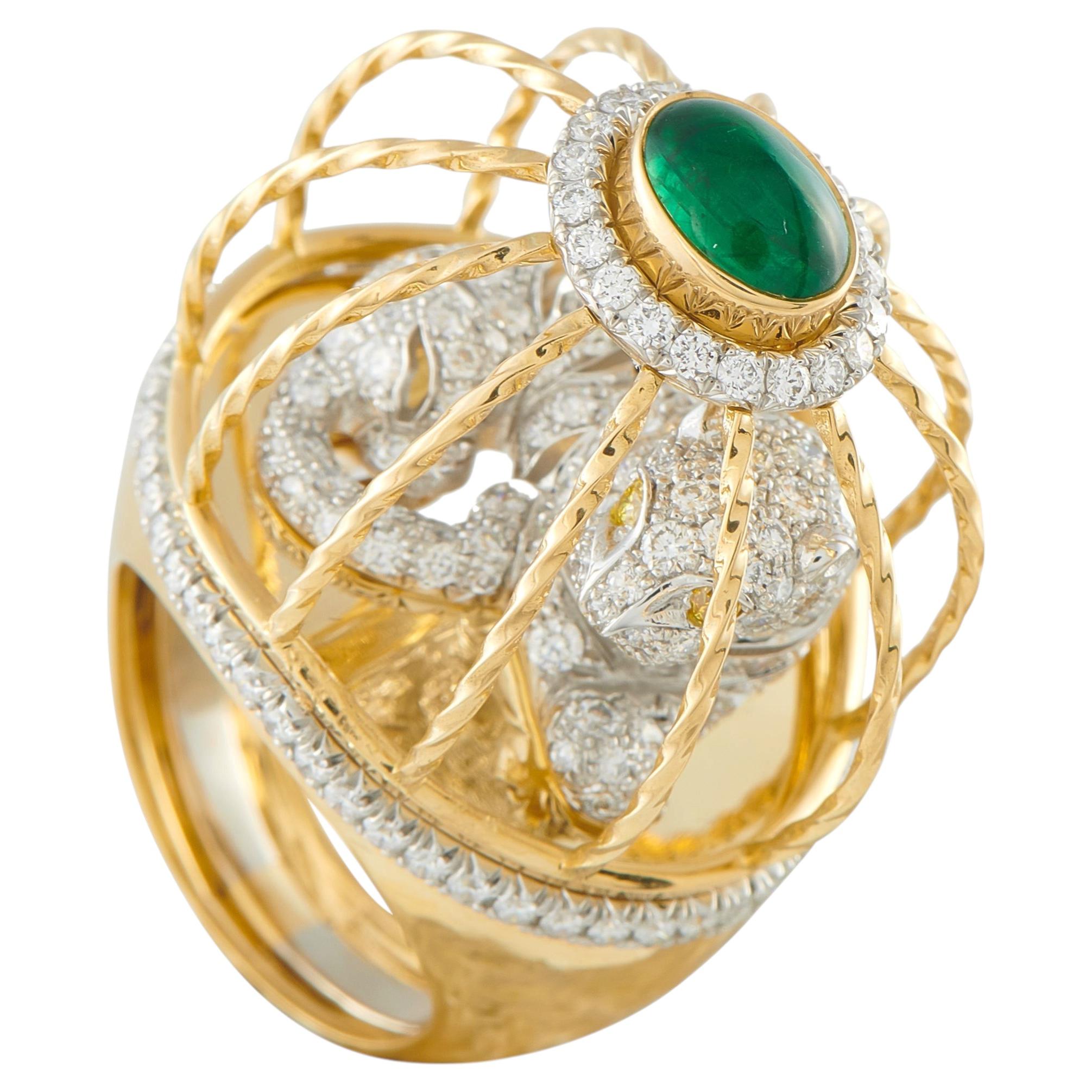 Pre-owned David Webb Platinum And 18k Yellow Gold Diamond & Emerald Cage Ring Dw08-041626